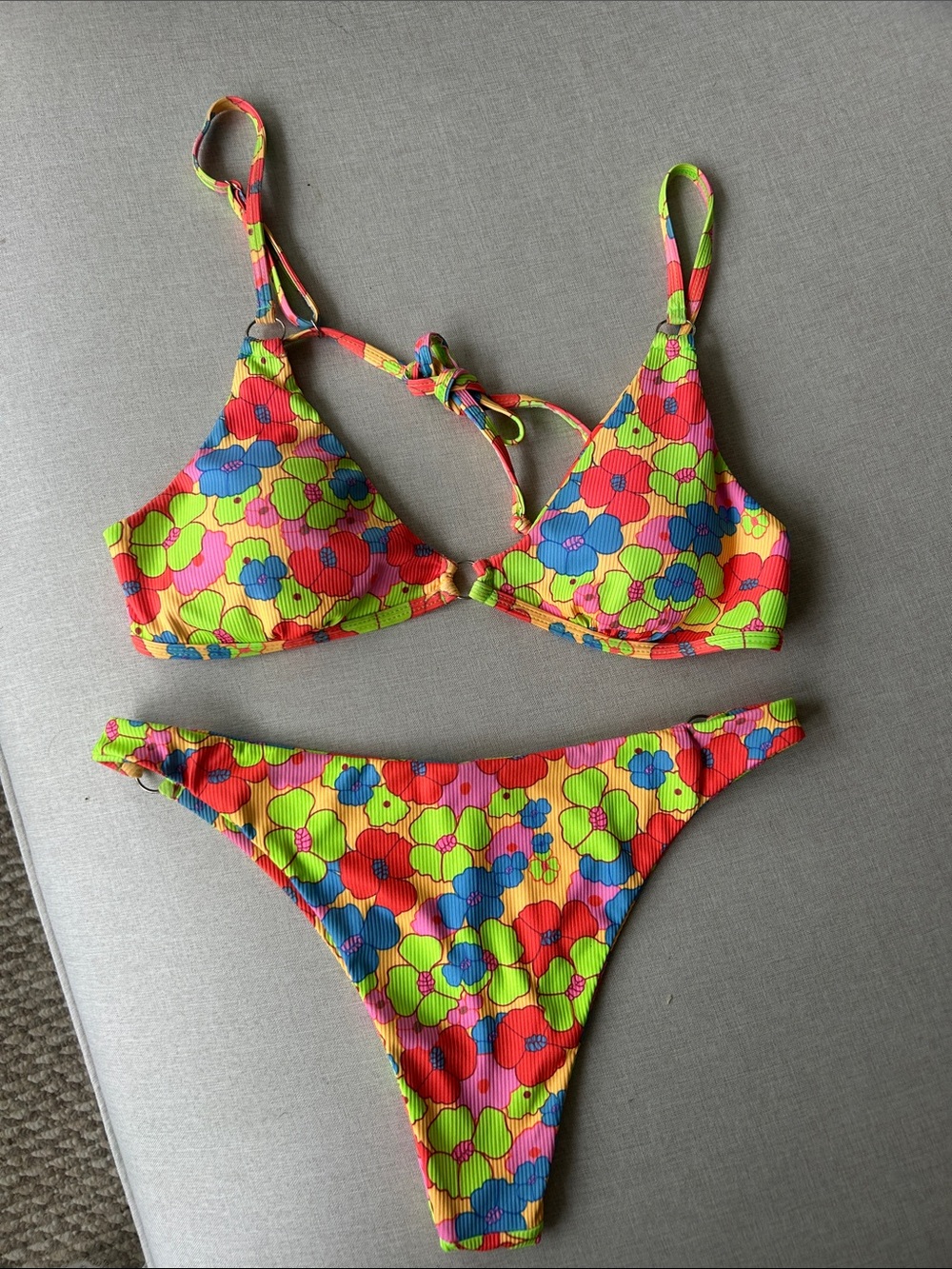 Colorful Neon Floral Ribbed Adjustable Bikini